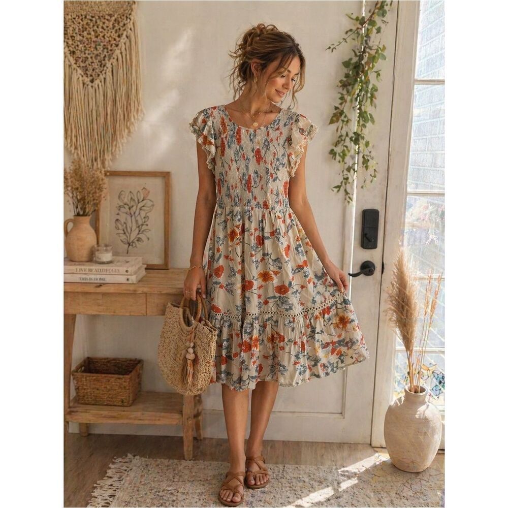 Patrons of Peace Boho Chic Floral Ruffle Sleeve Midi Dress in Cream and Orange